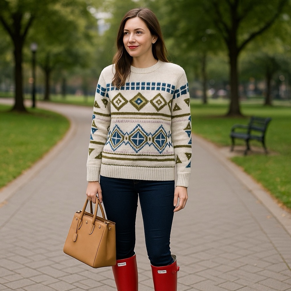 J.Crew Fair Isle Abstract Geometric Knit Sweater Gray Blue Olive – Size Small